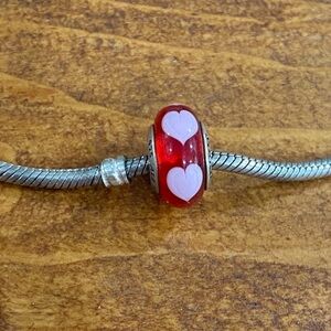 Pandora red Murano glass charm with pink hearts all around 925 silver